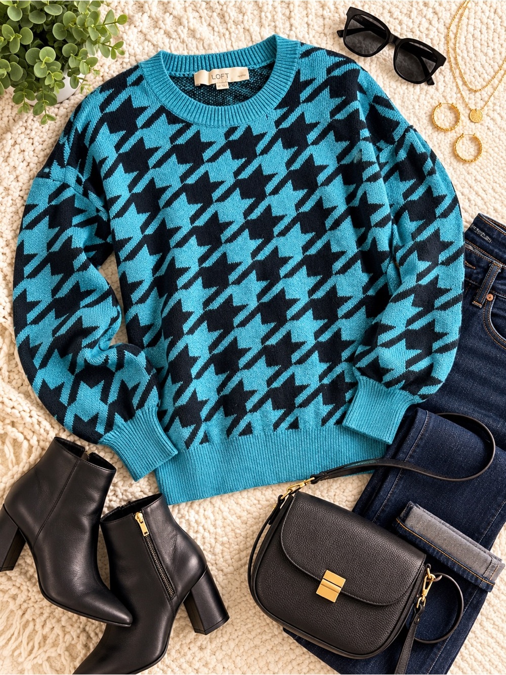 LOFT Petites NWT Teal Black Houndstooth Sweater SP Super Soft